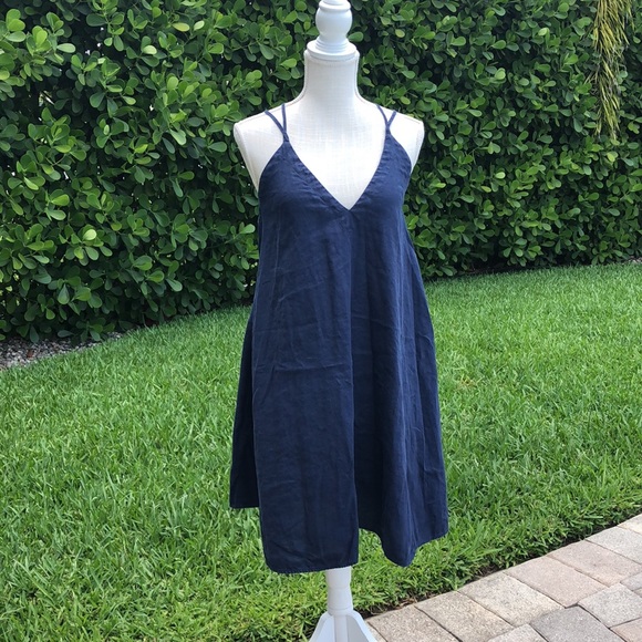 CLAUDIO MILANO NAVY BLUE LOW BACK CRISSCROSS STRAPS ITALIAN LINEN DRESS MEDIUM - Picture 9 of 14
